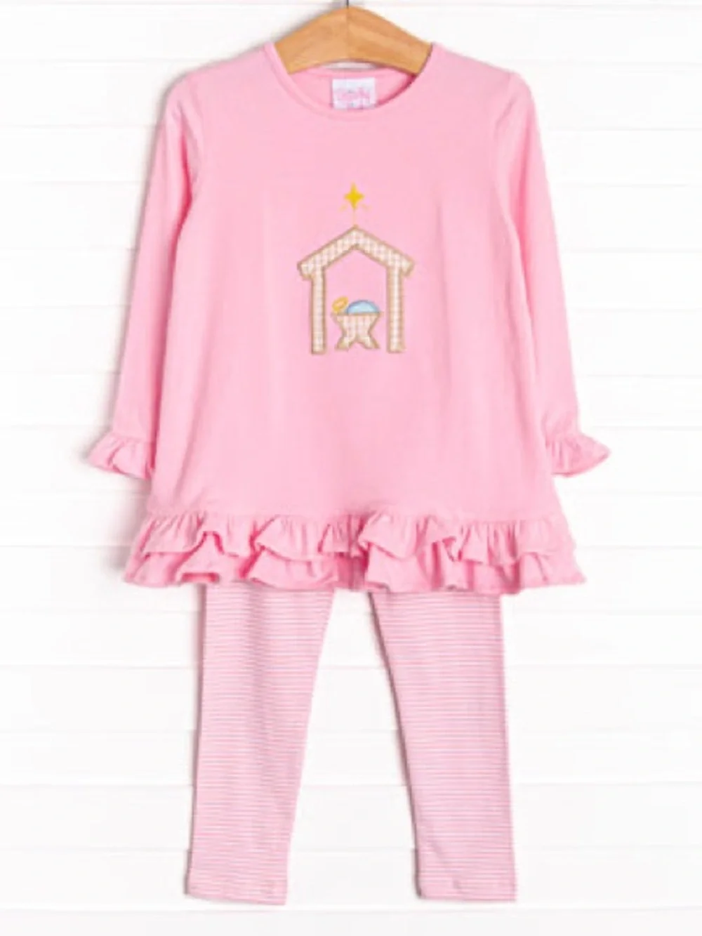 Stitchy Fish O' Holy Night Applique set long sleeve ruffle top dress leggings